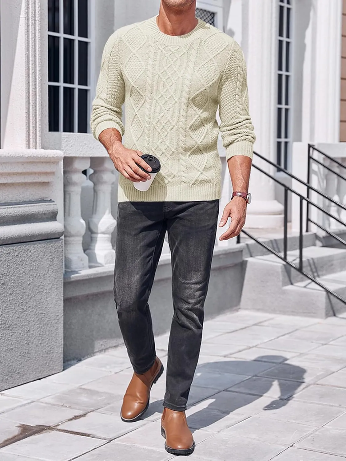NIUBIA Men's Slim Fit Crewneck Pullover Sweater Winter Casual Chunky Cable Knit Comfort Heavy Long Sleeve Sweaters