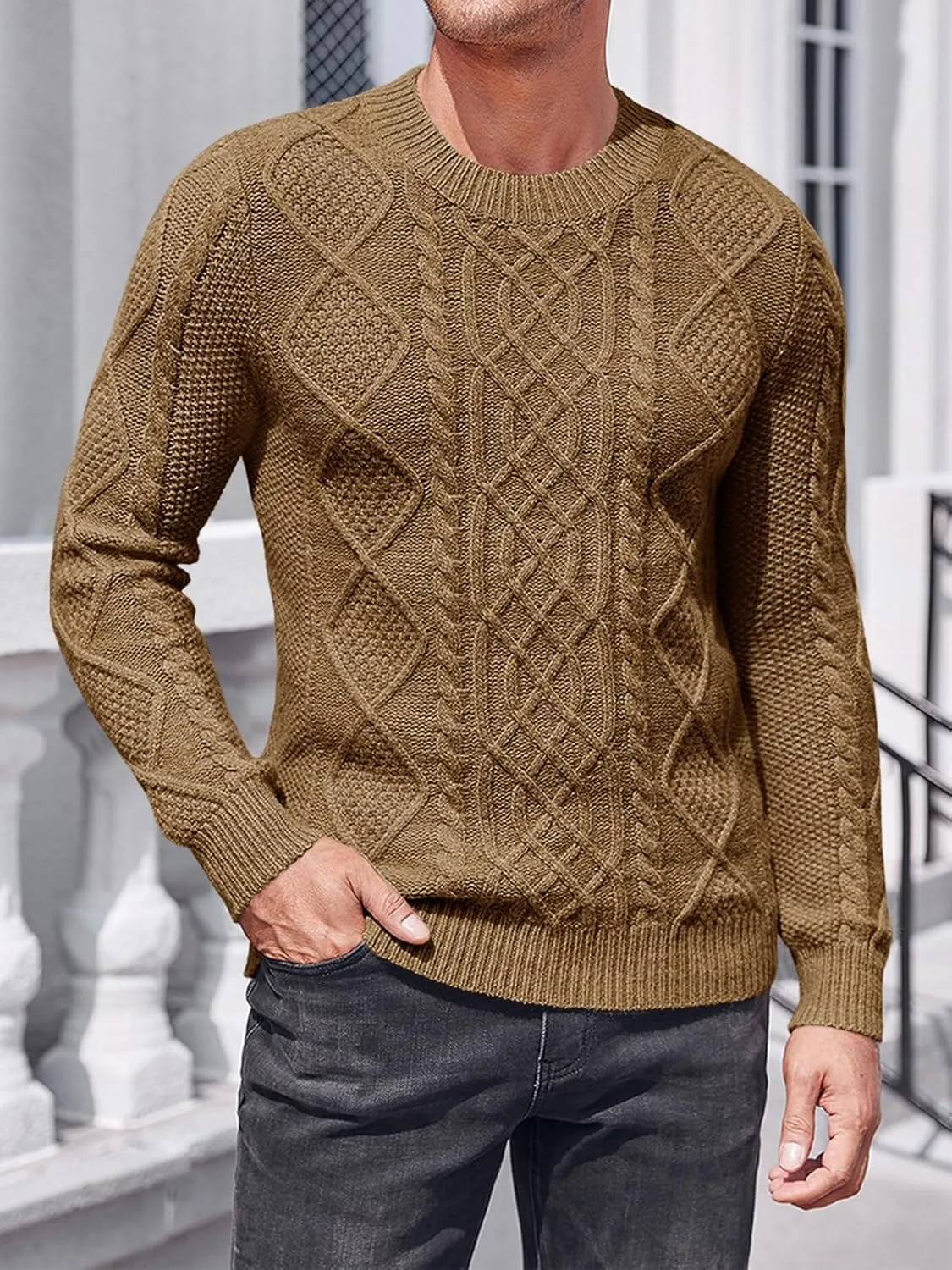 NIUBIA Men's Slim Fit Crewneck Pullover Sweater Winter Casual Chunky Cable Knit Comfort Heavy Long Sleeve Sweaters