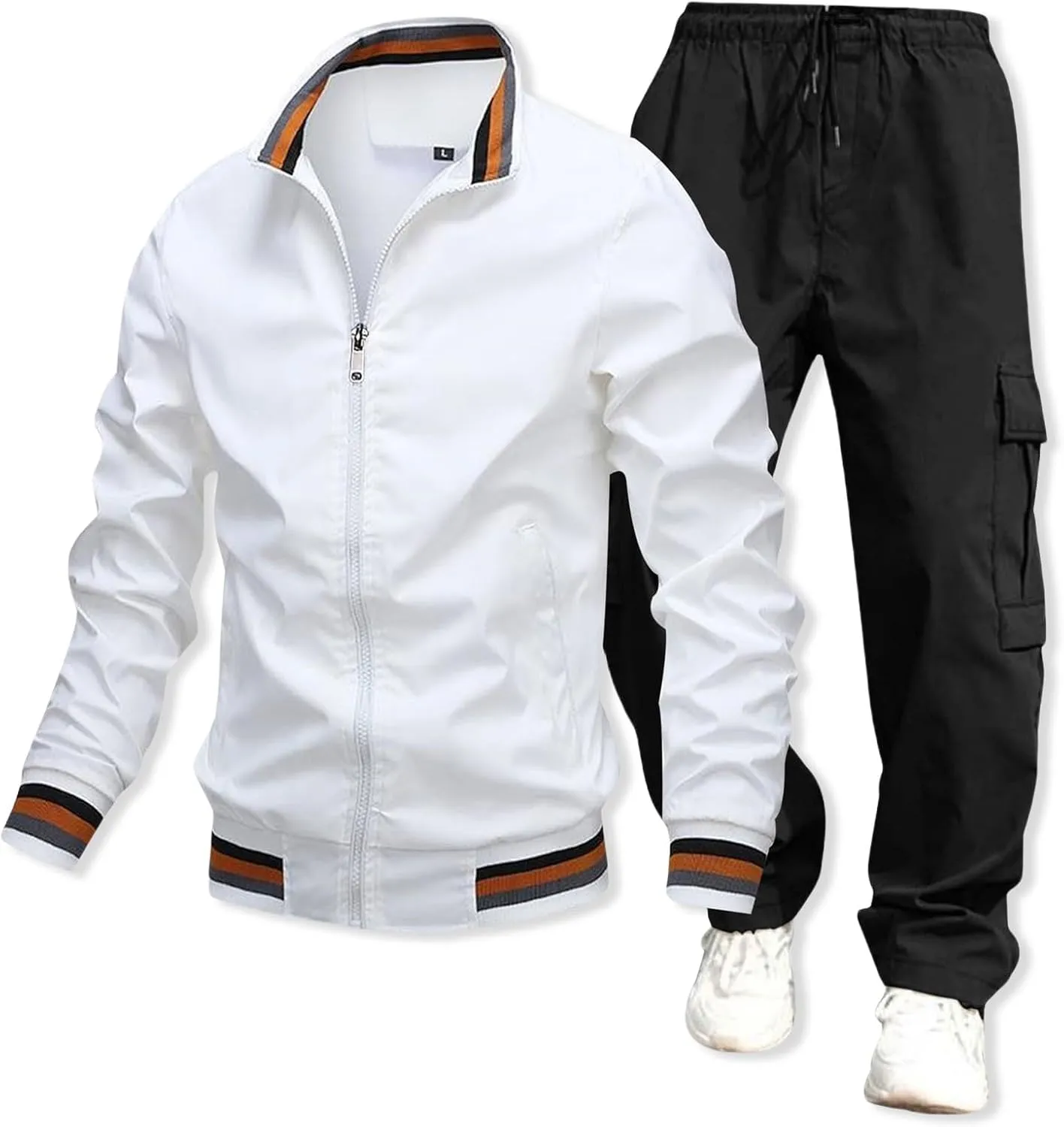 Overalls Suit for Mens 2 Piece Casual Stand Collar Full Zipper Long Sleeve Coat Cargo Pants Trendy Sport Running Set