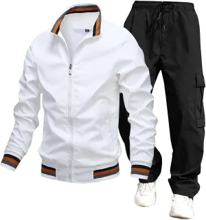 Overalls Suit for Mens 2 Piece Casual Stand Collar Full Zipper Long Sleeve Coat Cargo Pants Trendy Sport Running Set