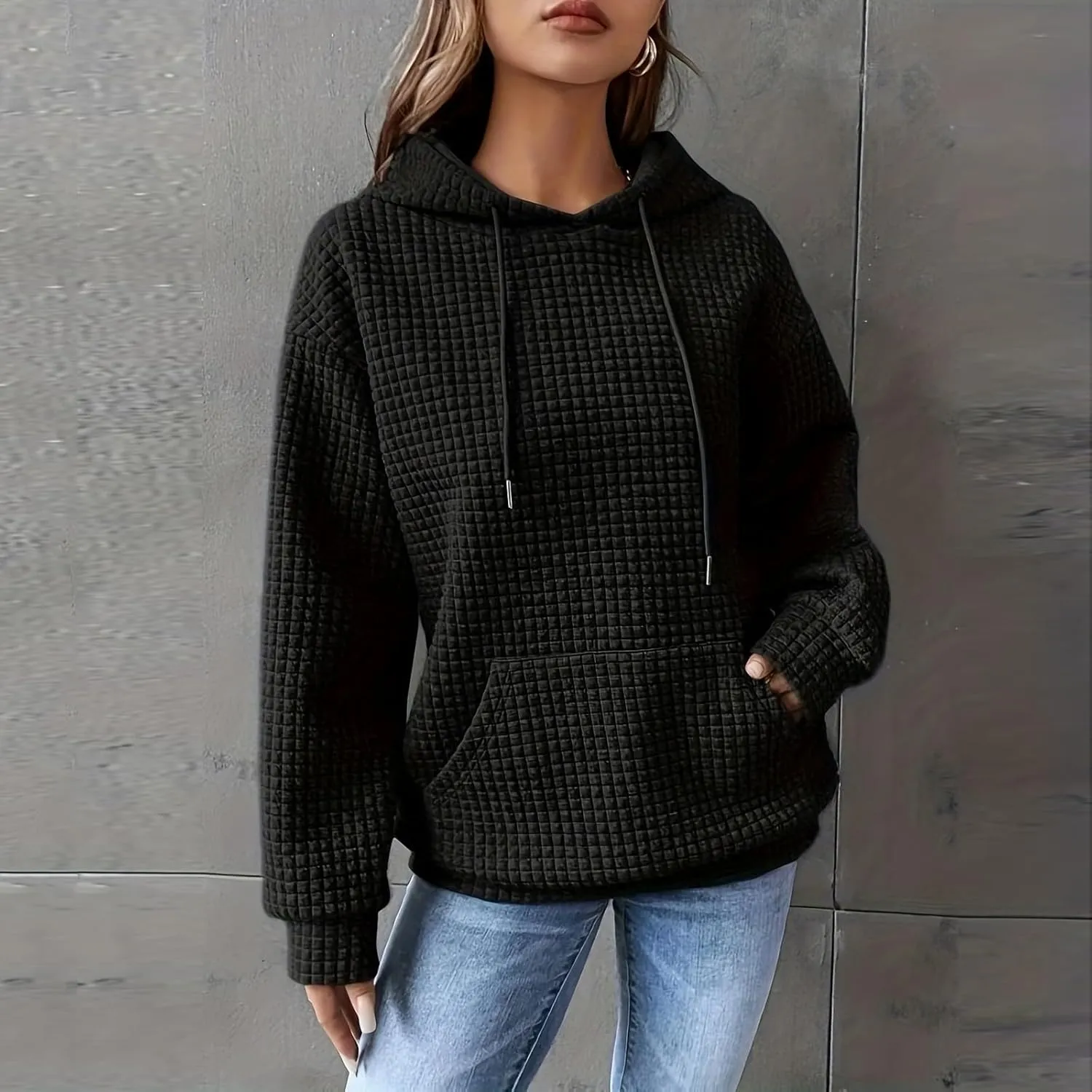 Oversized Hoodies for Women Trendy Casual Waffle Sweatshirt Y2k Drawstring Long Sleeve Pullover Cute Hoodie w/Pockets