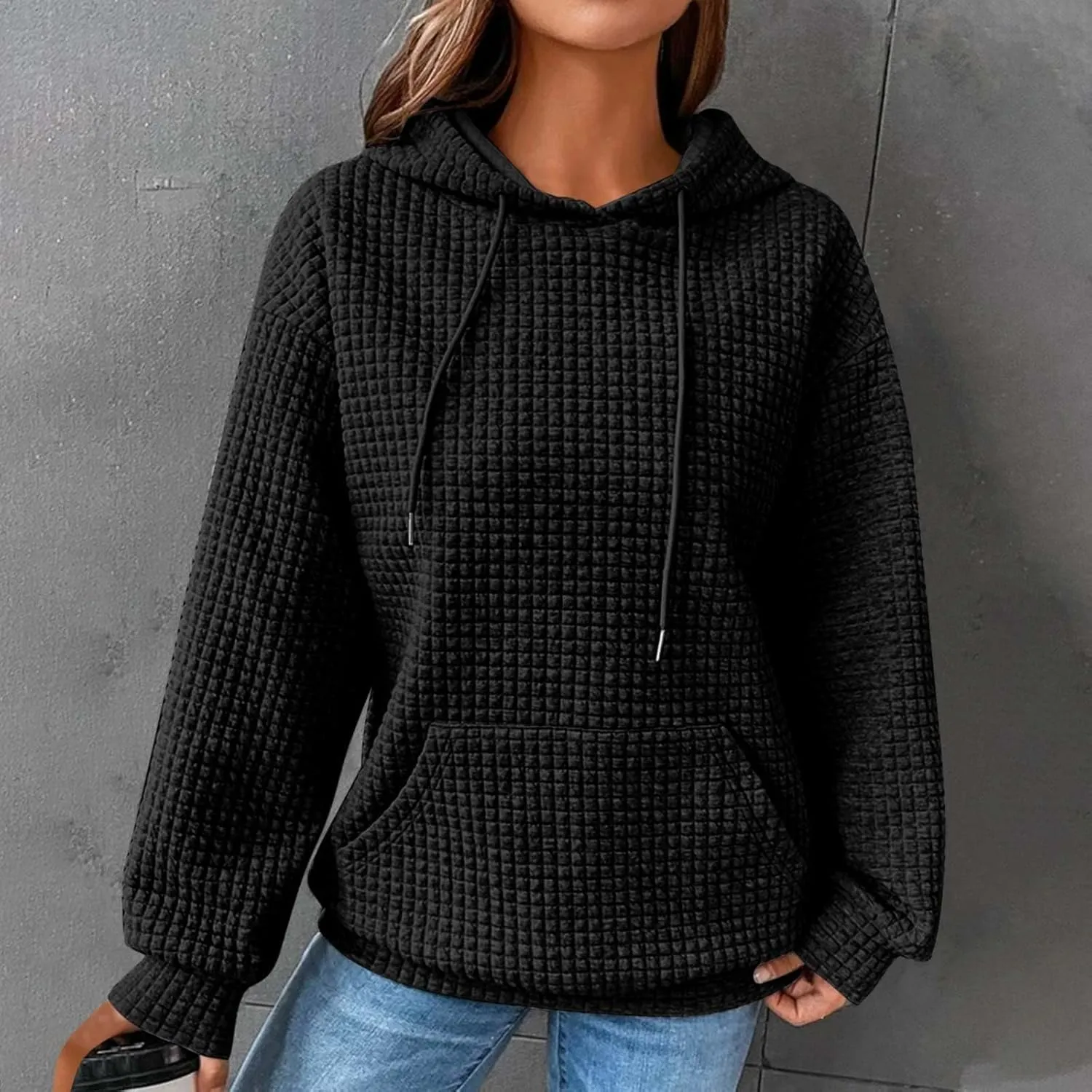 Oversized Hoodies for Women Trendy Casual Waffle Sweatshirt Y2k Drawstring Long Sleeve Pullover Cute Hoodie w/Pockets