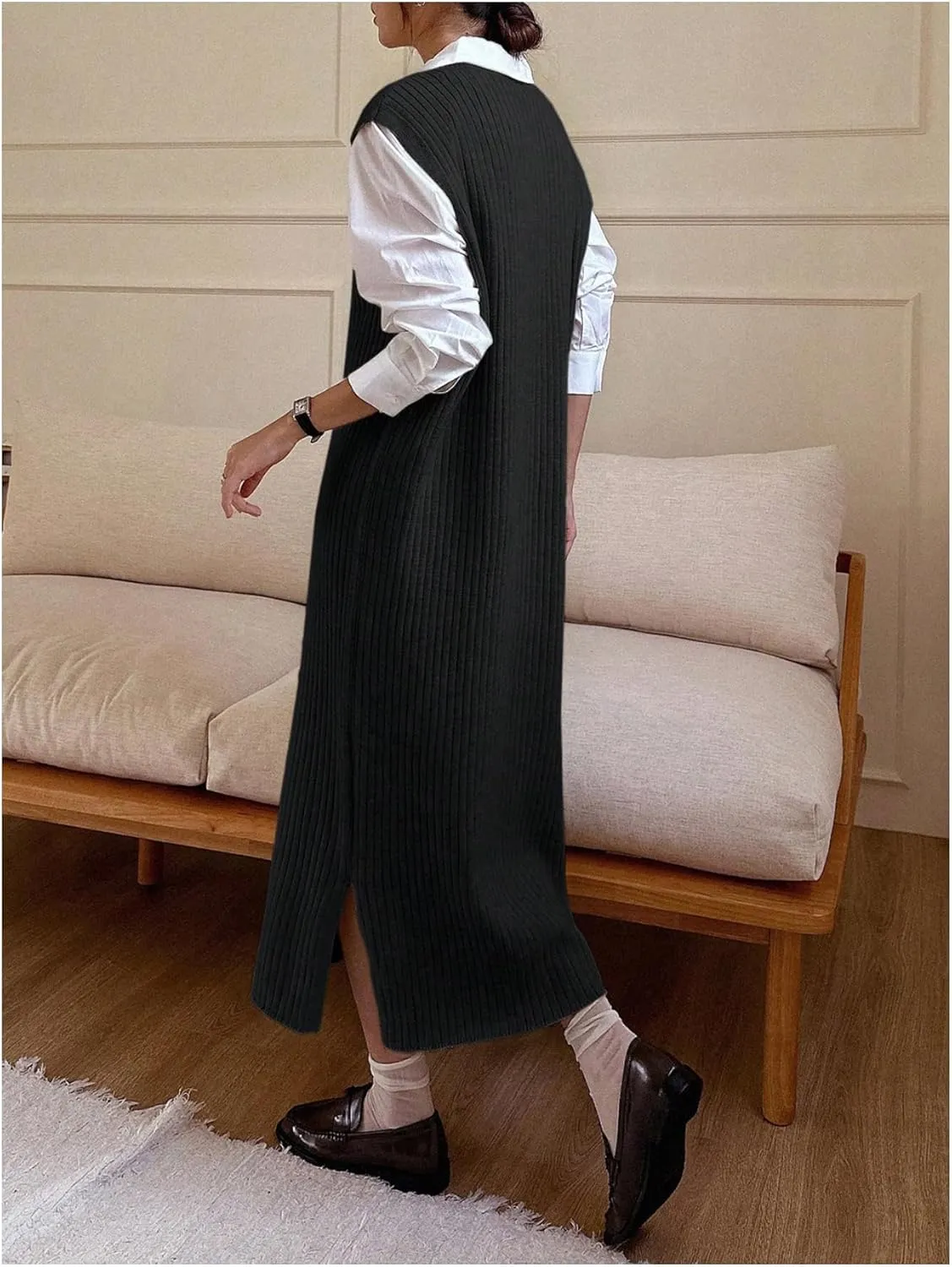 OYOANGLE Women's Split Hem Rib Knit Midi Sweater Dress V Neck Sleeveless Loose Fit Sweater Vest