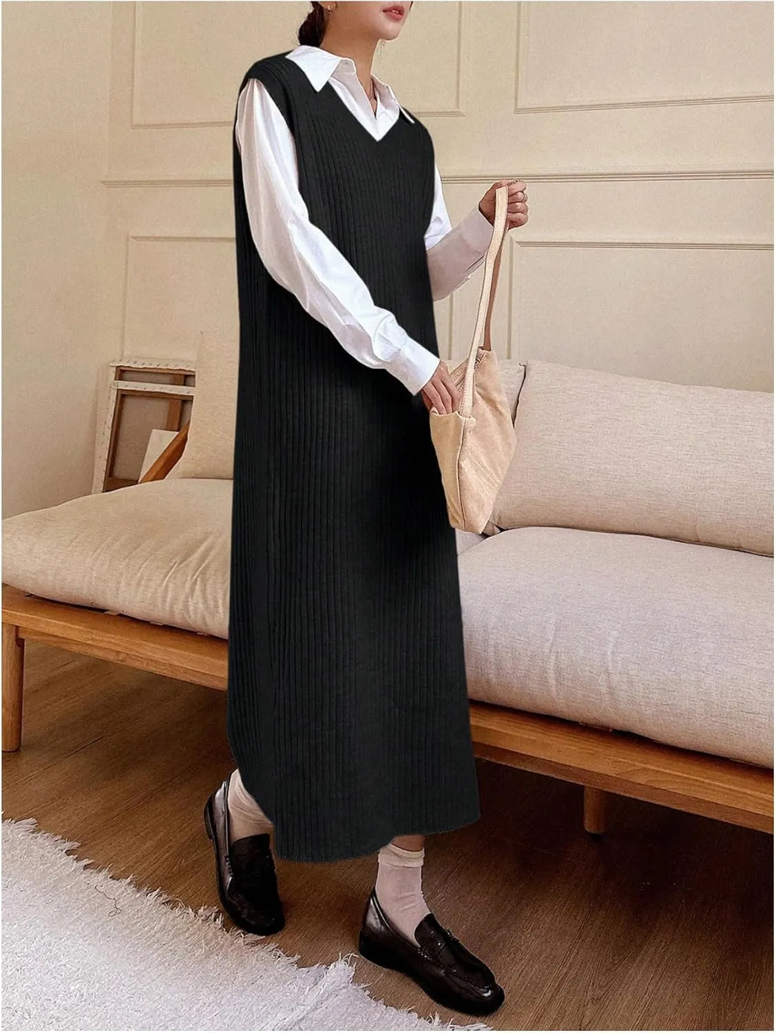 OYOANGLE Women's Split Hem Rib Knit Midi Sweater Dress V Neck Sleeveless Loose Fit Sweater Vest