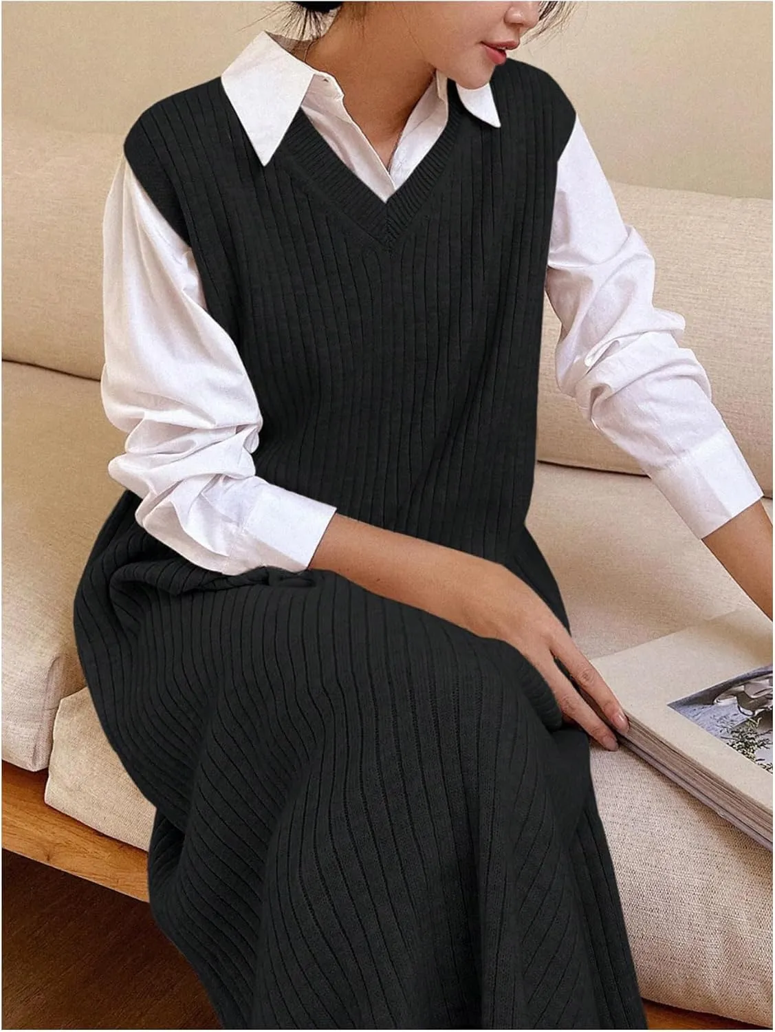 OYOANGLE Women's Split Hem Rib Knit Midi Sweater Dress V Neck Sleeveless Loose Fit Sweater Vest