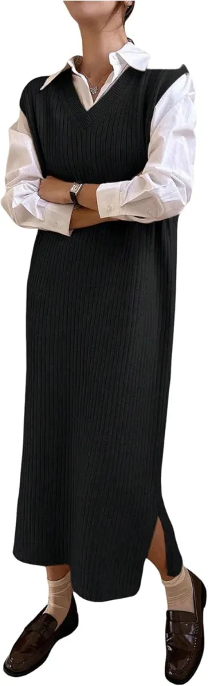 OYOANGLE Women's Split Hem Rib Knit Midi Sweater Dress V Neck Sleeveless Loose Fit Sweater Vest