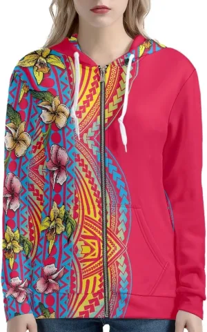 Pacific Island Art Tribal Zip Up Hoodie for Women Casual Polynesian Samoan Traditional Hooded Sweatshirt Jacket