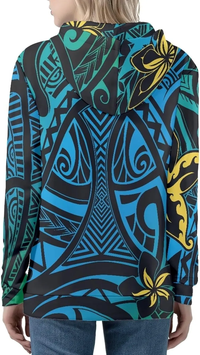 Pacific Island Art Tribal Zip Up Hoodie for Women Casual Polynesian Samoan Traditional Hooded Sweatshirt Jacket