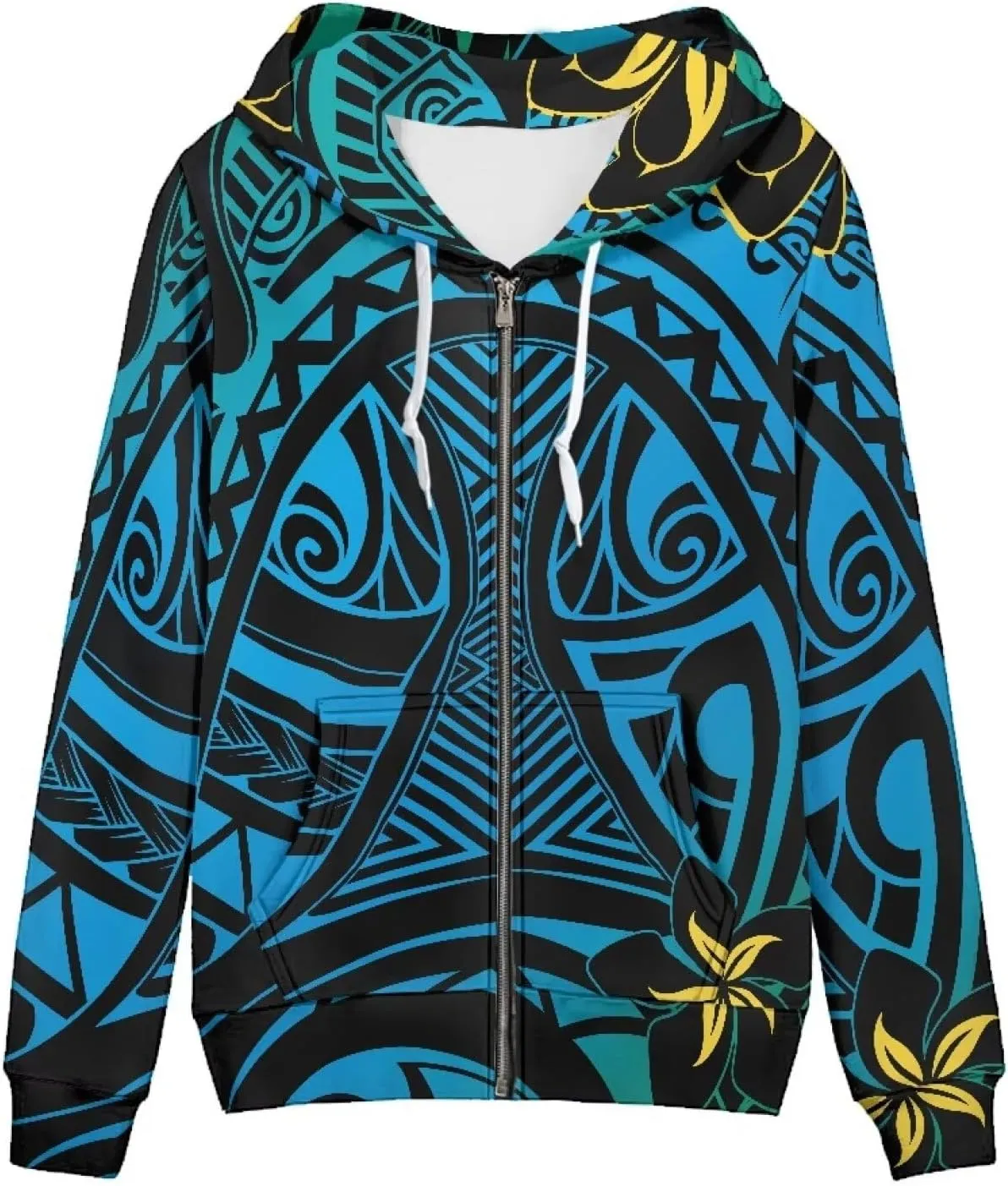 Pacific Island Art Tribal Zip Up Hoodie for Women Casual Polynesian Samoan Traditional Hooded Sweatshirt Jacket