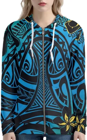 Pacific Island Art Tribal Zip Up Hoodie for Women Casual Polynesian Samoan Traditional Hooded Sweatshirt Jacket