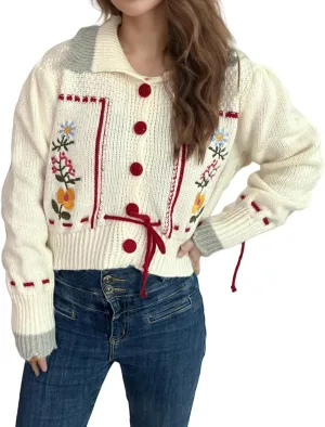 Perbai Women's Cute Floral Embroidered Boho Cardigan Sweater Lapel Button Down Long Sleeve Loose Cropped Sweater Coat