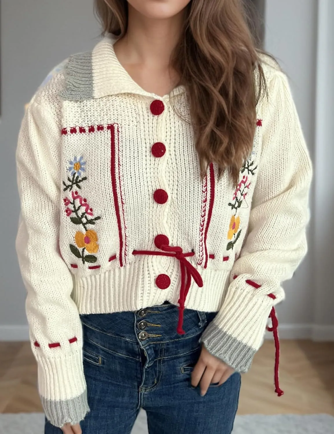 Perbai Women's Cute Floral Embroidered Boho Cardigan Sweater Lapel Button Down Long Sleeve Loose Cropped Sweater Coat