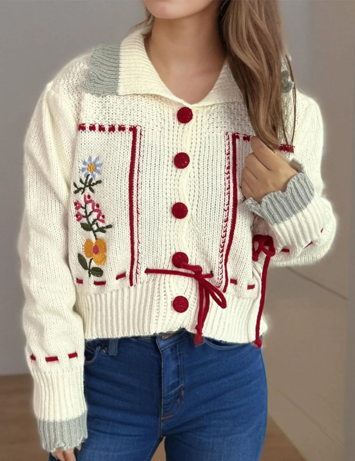 Perbai Women's Cute Floral Embroidered Boho Cardigan Sweater Lapel Button Down Long Sleeve Loose Cropped Sweater Coat