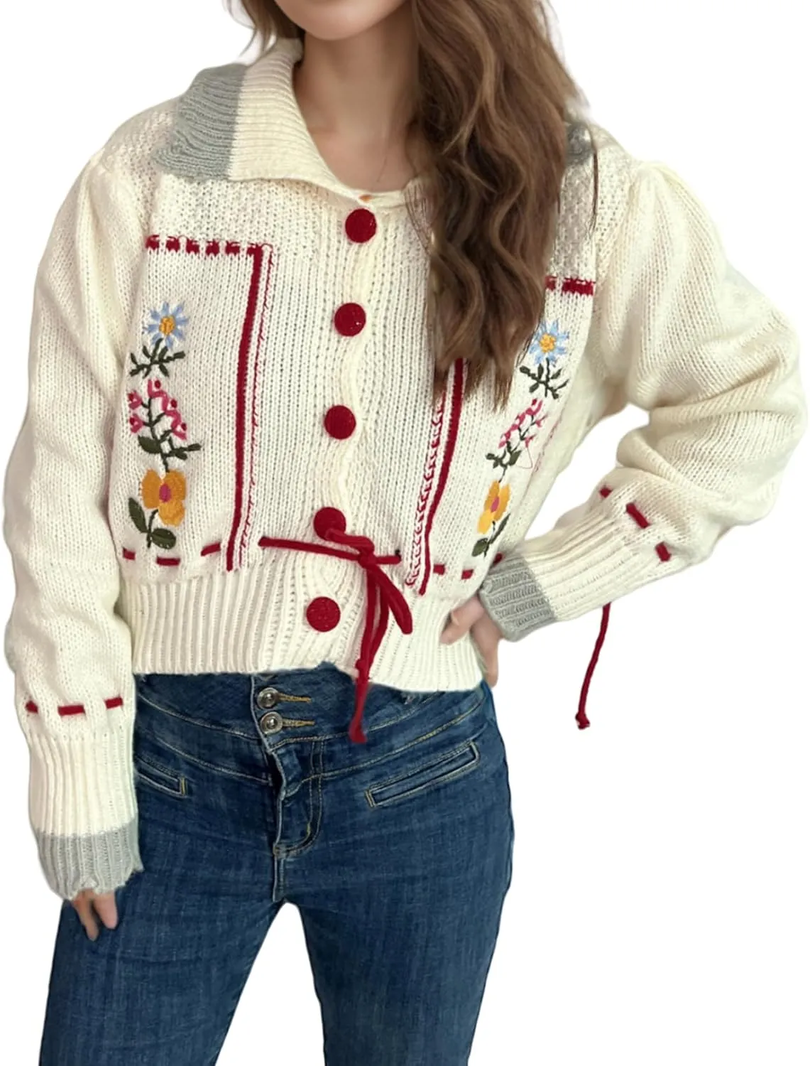 Perbai Women's Cute Floral Embroidered Boho Cardigan Sweater Lapel Button Down Long Sleeve Loose Cropped Sweater Coat