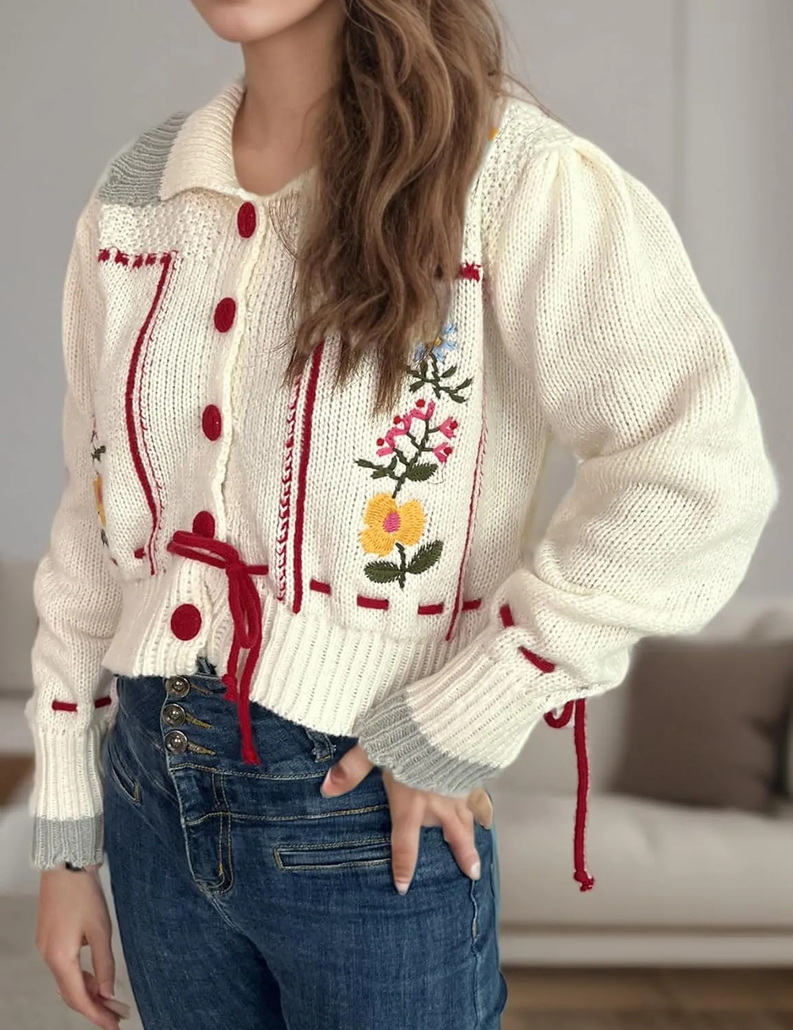 Perbai Women's Cute Floral Embroidered Boho Cardigan Sweater Lapel Button Down Long Sleeve Loose Cropped Sweater Coat