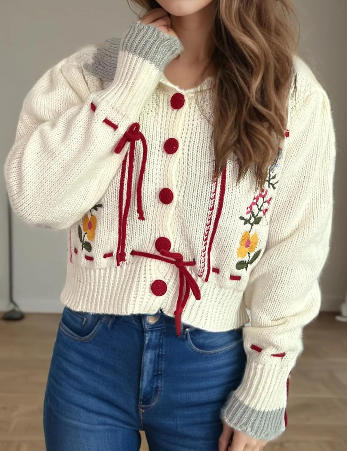 Perbai Women's Cute Floral Embroidered Boho Cardigan Sweater Lapel Button Down Long Sleeve Loose Cropped Sweater Coat