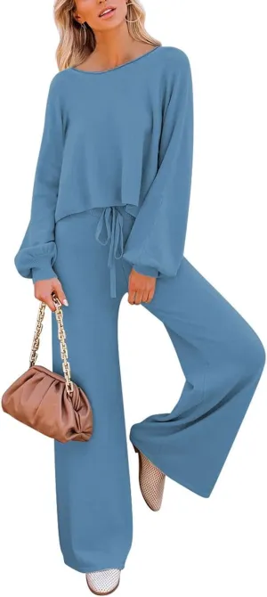 Pink Queen Women's 2 Piece Outfit Sweater Set Long Sleeve Crop Knit Top and Wide Leg Long Pants Sweatsuit