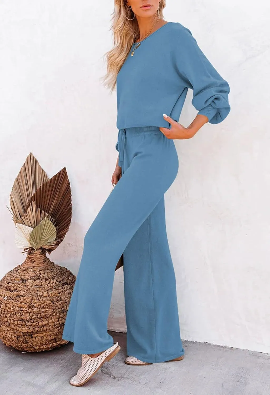 Pink Queen Women's 2 Piece Outfit Sweater Set Long Sleeve Crop Knit Top and Wide Leg Long Pants Sweatsuit