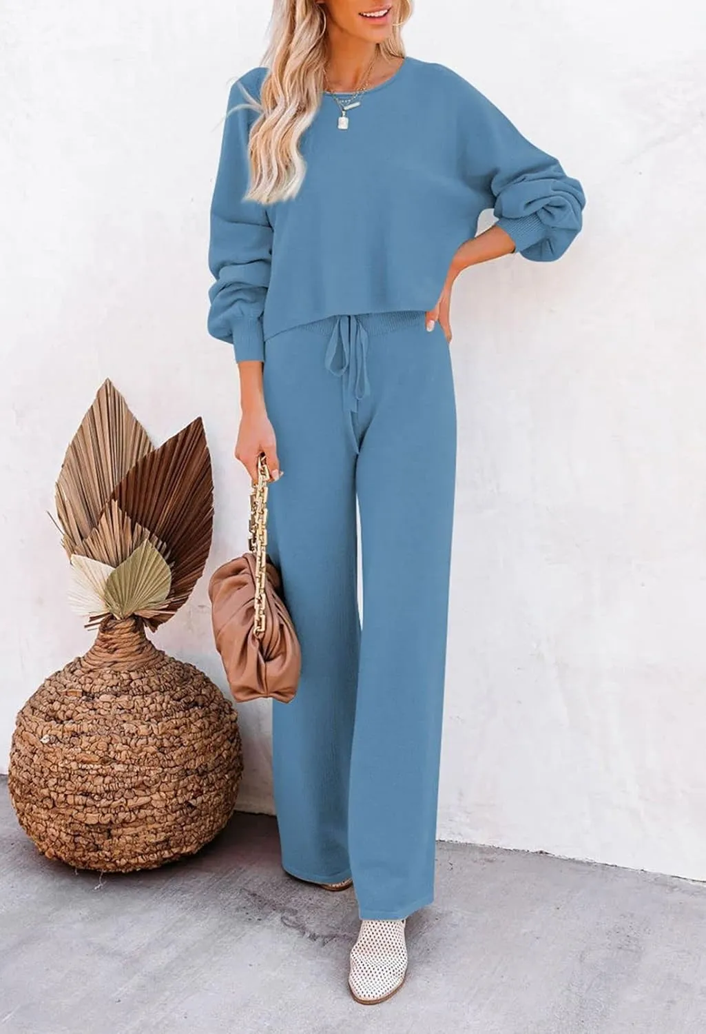 Pink Queen Women's 2 Piece Outfit Sweater Set Long Sleeve Crop Knit Top and Wide Leg Long Pants Sweatsuit