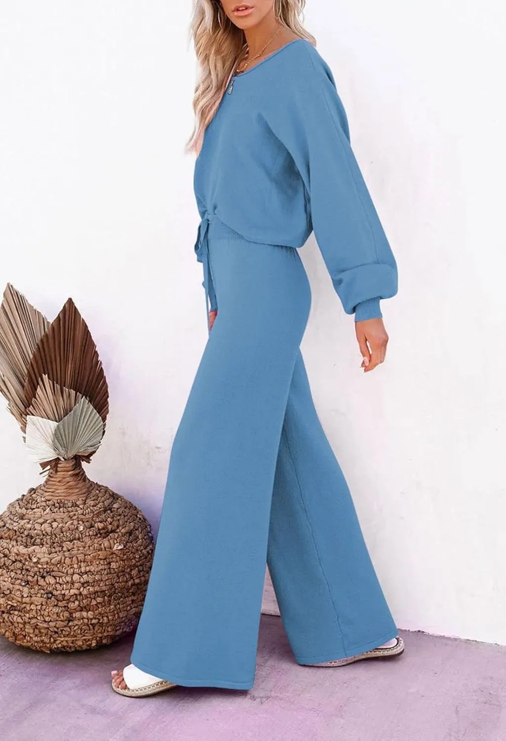Pink Queen Women's 2 Piece Outfit Sweater Set Long Sleeve Crop Knit Top and Wide Leg Long Pants Sweatsuit