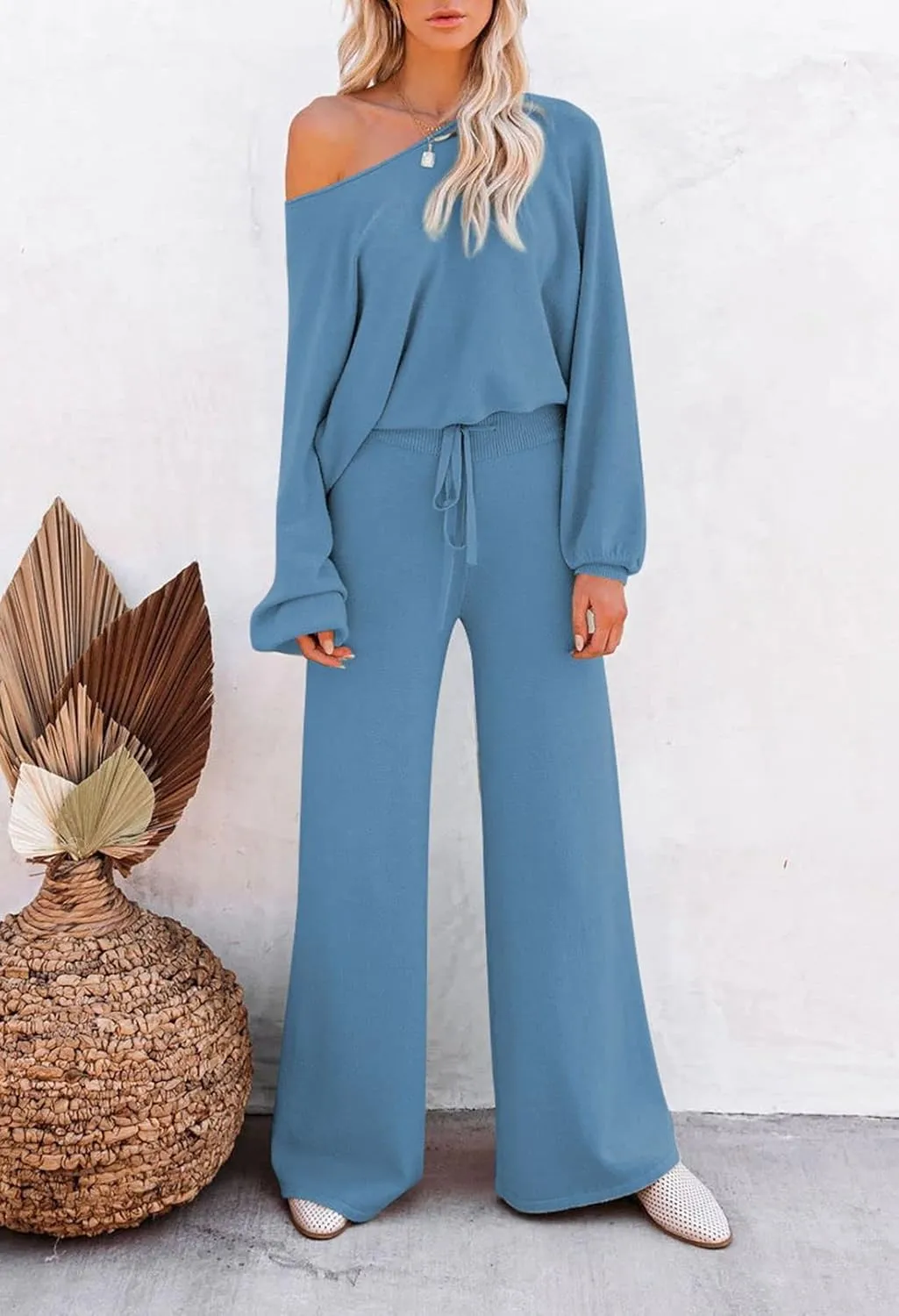Pink Queen Women's 2 Piece Outfit Sweater Set Long Sleeve Crop Knit Top and Wide Leg Long Pants Sweatsuit