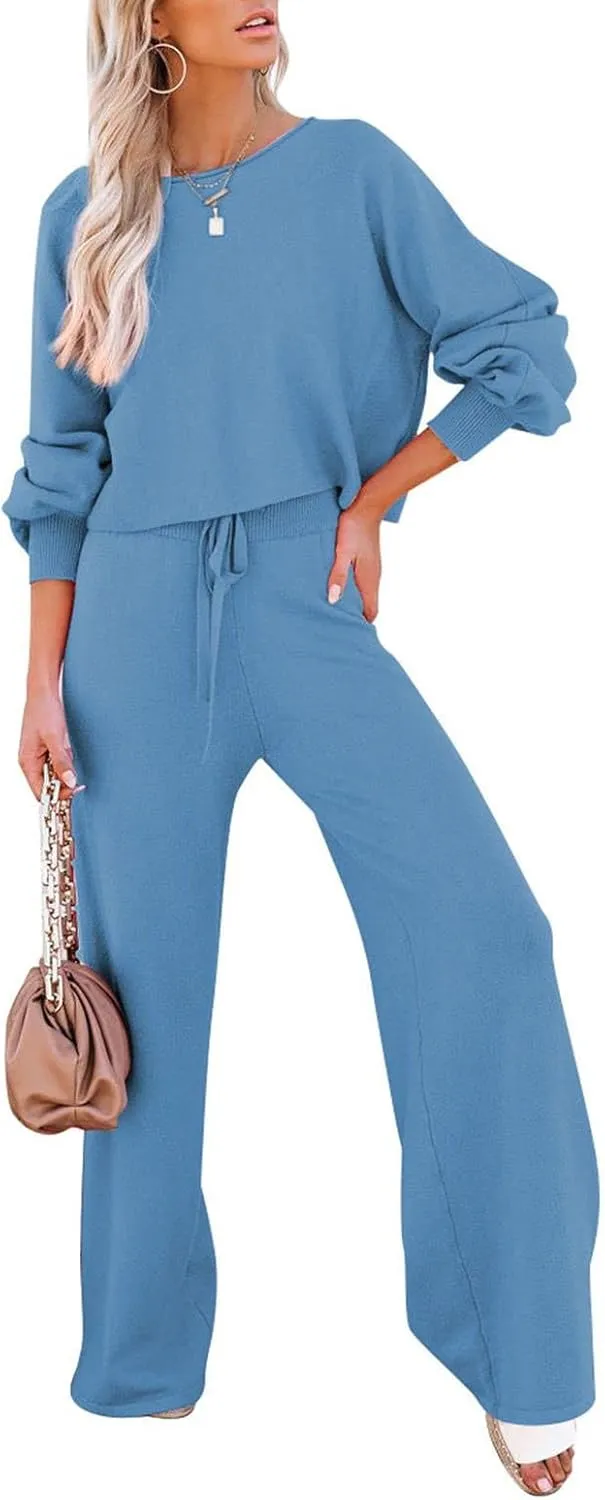 Pink Queen Women's 2 Piece Outfit Sweater Set Long Sleeve Crop Knit Top and Wide Leg Long Pants Sweatsuit