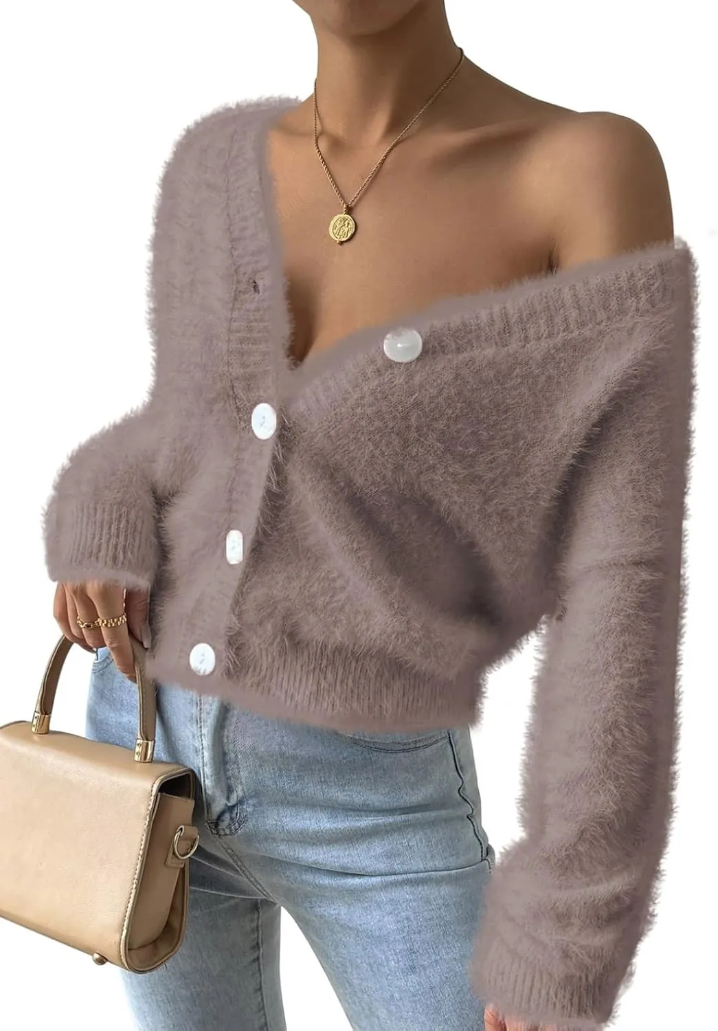 Pink Queen Women's Furry Cropped Cardigan Batwing Sleeves Open Front V-Neck Button Down Loose Casual Knit Sweater Coat