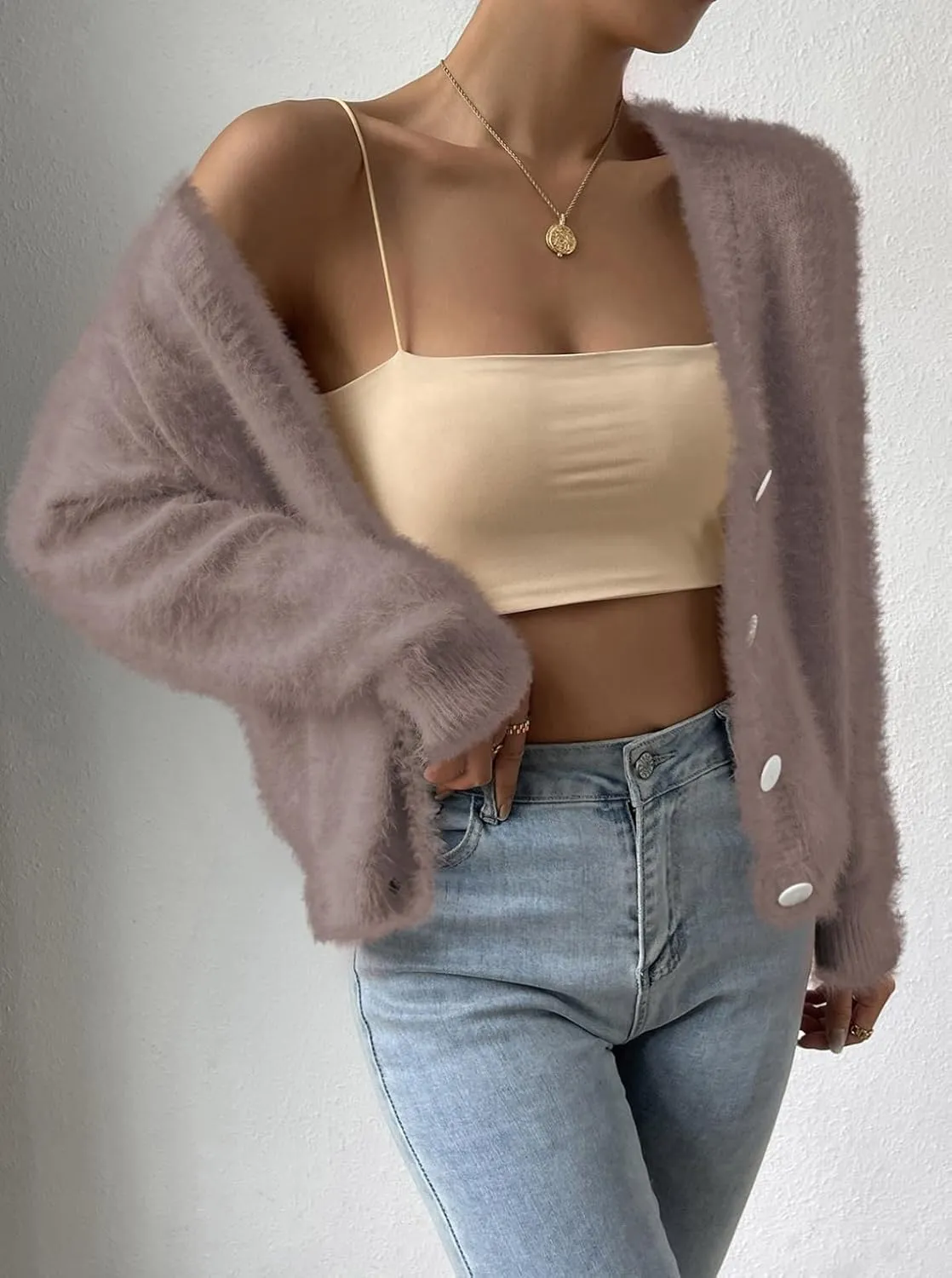 Pink Queen Women's Furry Cropped Cardigan Batwing Sleeves Open Front V-Neck Button Down Loose Casual Knit Sweater Coat