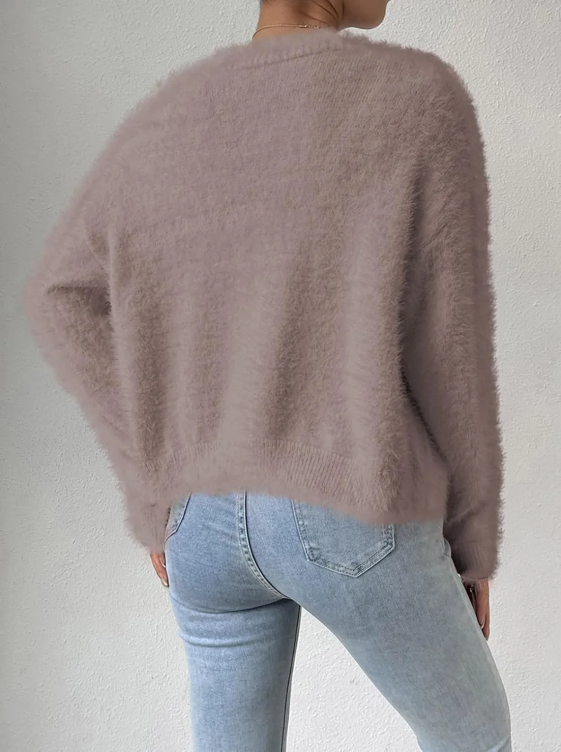 Pink Queen Women's Furry Cropped Cardigan Batwing Sleeves Open Front V-Neck Button Down Loose Casual Knit Sweater Coat
