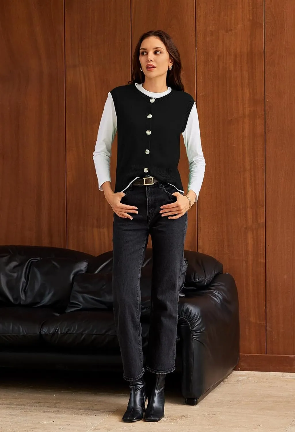 Pink Queen Women's Sweater Vest 2025 Sleeveless Tank Tops Casual Crewneck Button Down Fashion Knitted Vest Cardigans