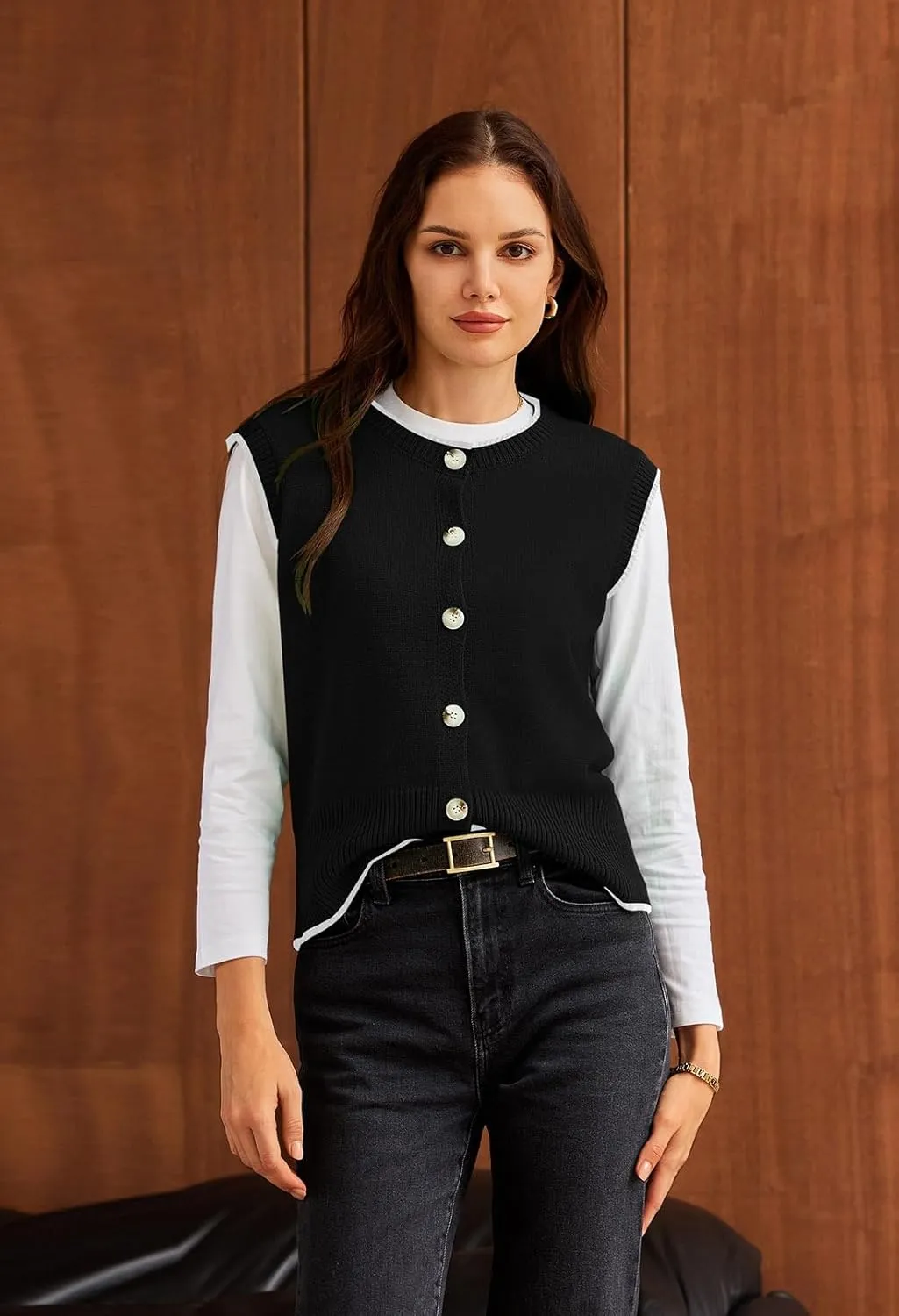 Pink Queen Women's Sweater Vest 2025 Sleeveless Tank Tops Casual Crewneck Button Down Fashion Knitted Vest Cardigans