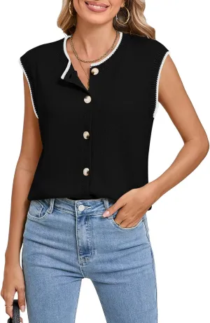 Pink Queen Women's Sweater Vest 2025 Sleeveless Tank Tops Casual Crewneck Button Down Fashion Knitted Vest Cardigans
