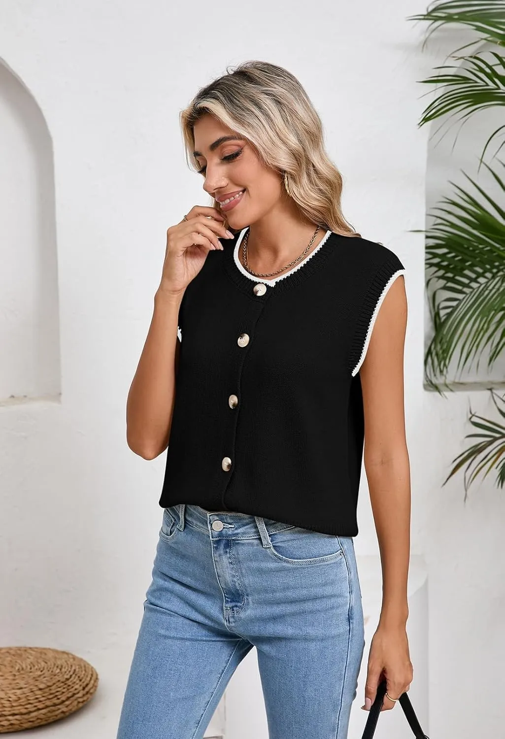 Pink Queen Women's Sweater Vest 2025 Sleeveless Tank Tops Casual Crewneck Button Down Fashion Knitted Vest Cardigans
