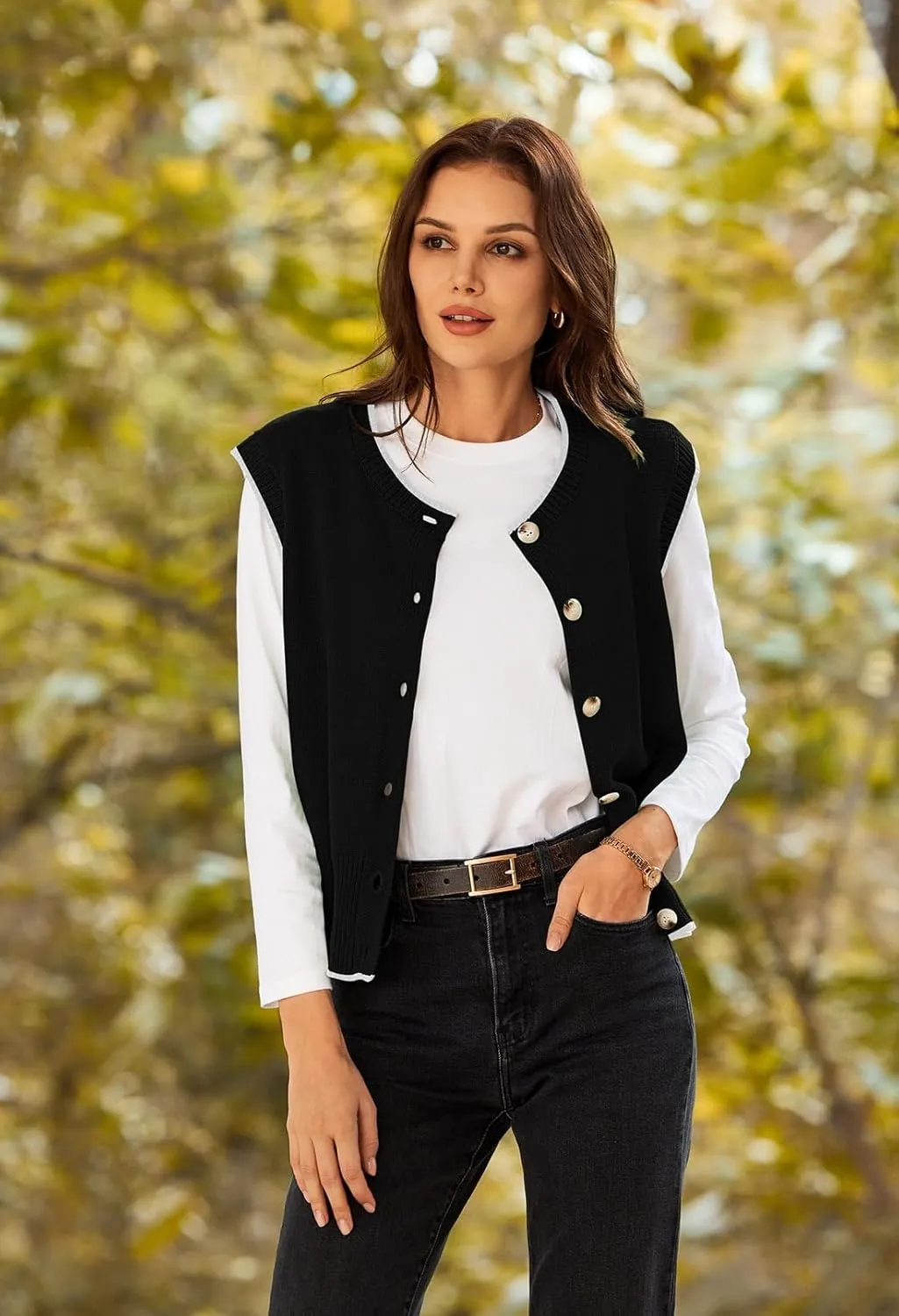 Pink Queen Women's Sweater Vest 2025 Sleeveless Tank Tops Casual Crewneck Button Down Fashion Knitted Vest Cardigans