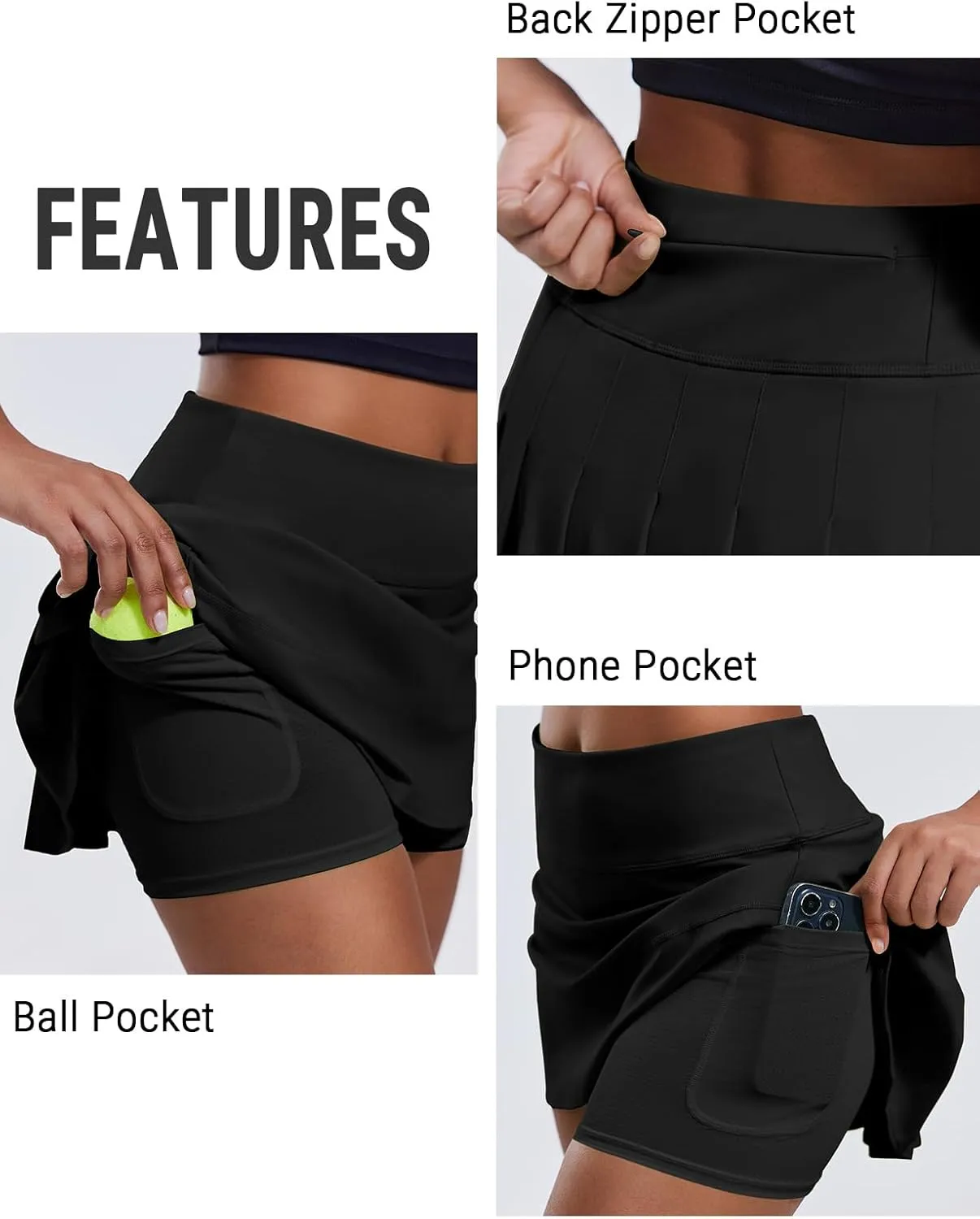 PINSPARK Pleated Tennis Skirts for Women with Short Pockets High Waisted Athletic Golf Skort Workout Pickleball Mini Skirt