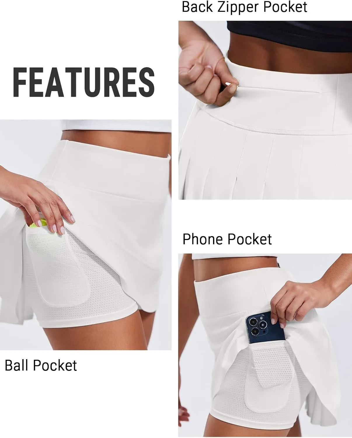 PINSPARK Pleated Tennis Skirts for Women with Short Pockets High Waisted Athletic Golf Skort Workout Pickleball Mini Skirt