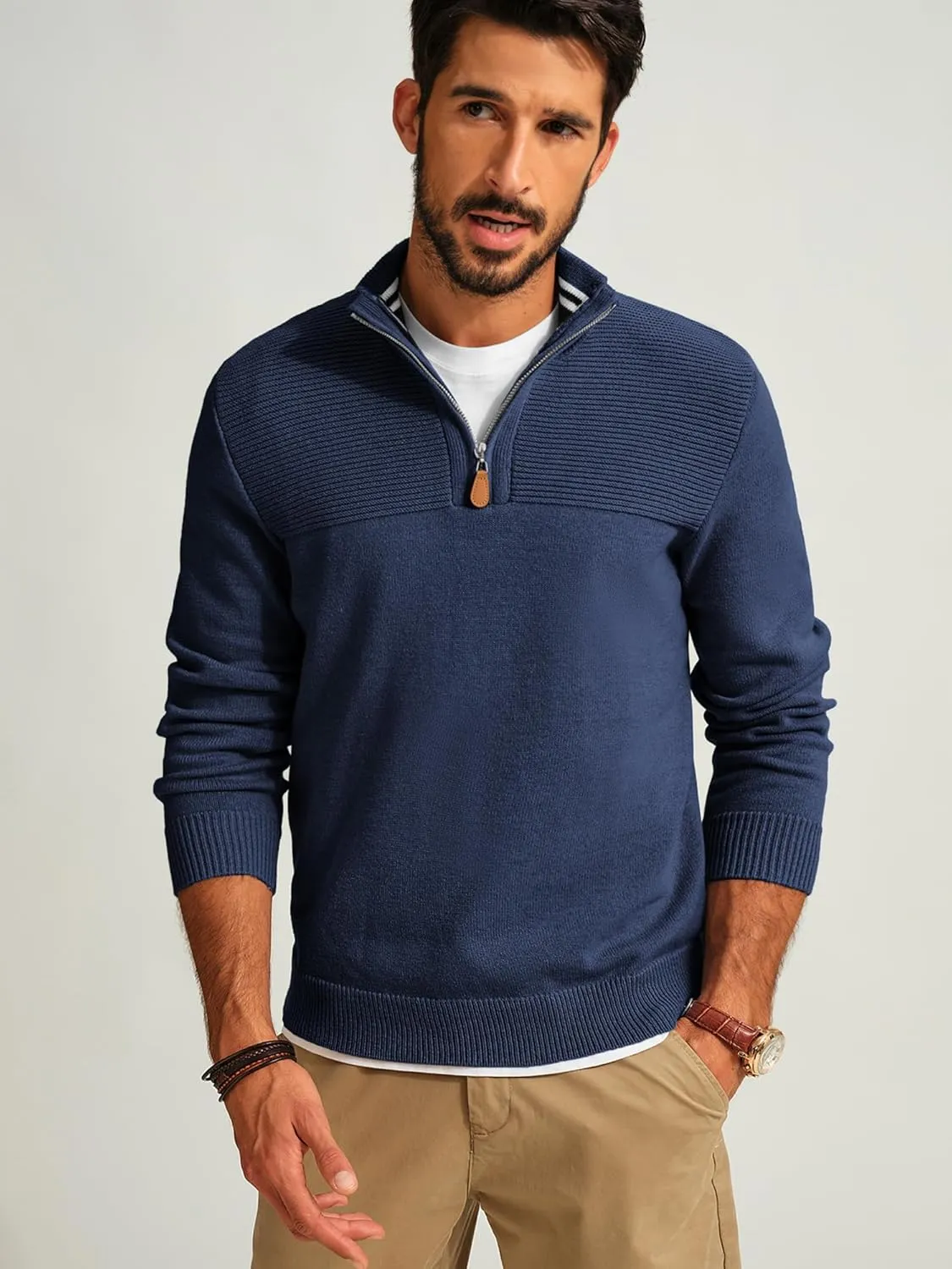 PJ PAUL JONES Men's Quarter Zip Sweater Slim Fit Casual Pullover Sweater Mock Neck Polo Sweaters