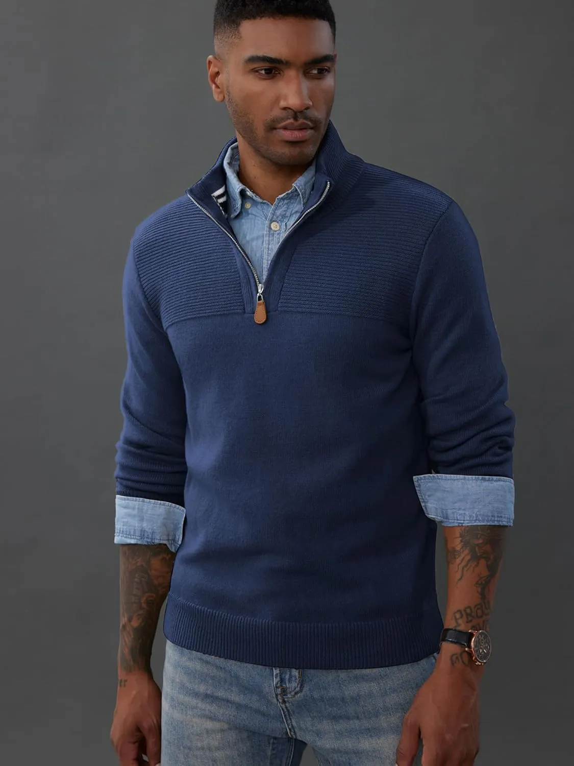 PJ PAUL JONES Men's Quarter Zip Sweater Slim Fit Casual Pullover Sweater Mock Neck Polo Sweaters