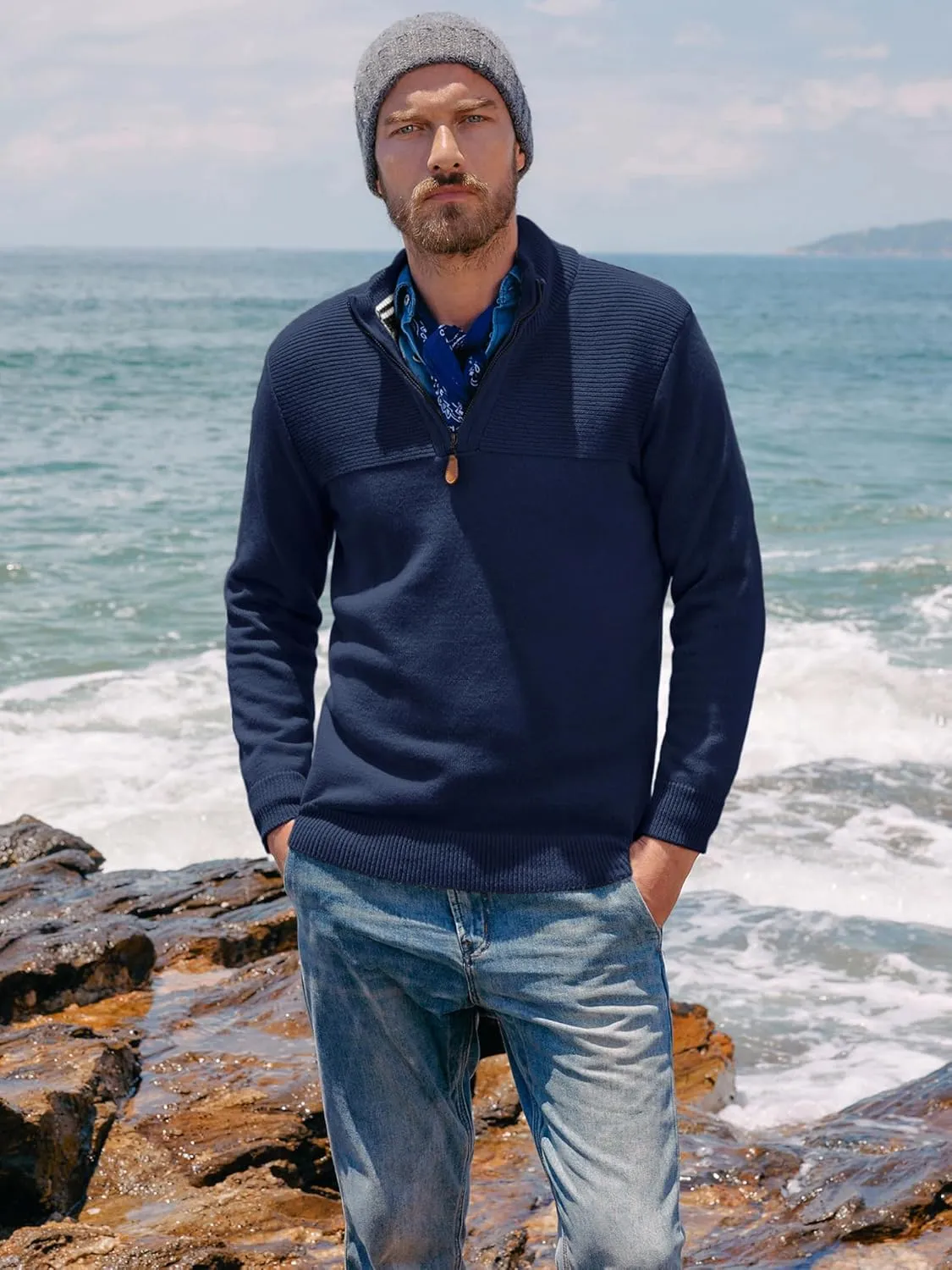 PJ PAUL JONES Men's Quarter Zip Sweater Slim Fit Casual Pullover Sweater Mock Neck Polo Sweaters