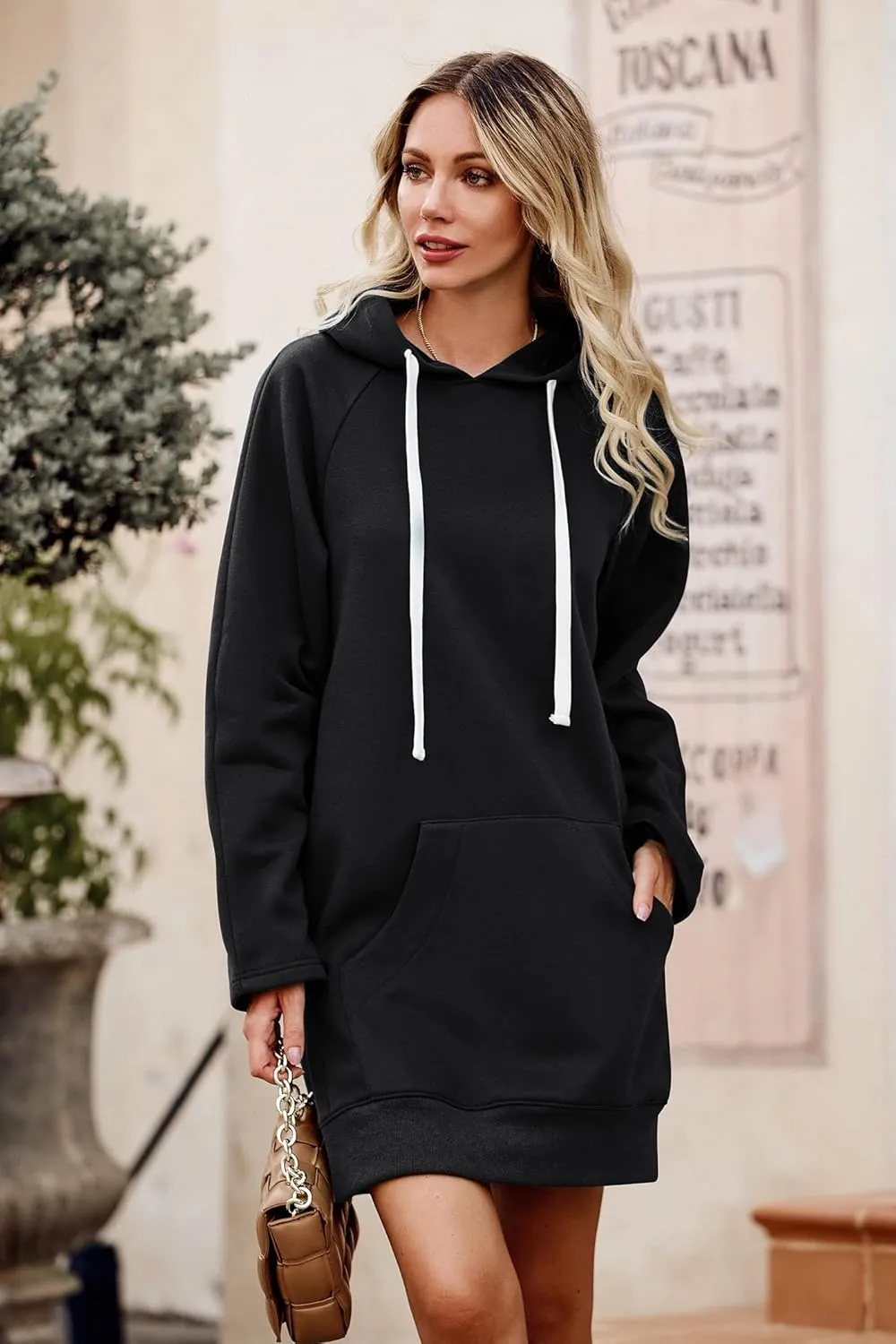 PRETTYGARDEN Women's Casual Pullover Sweatshirt Long Sleeve Split Hem Hoodie Dress with Kangaroo Pocket