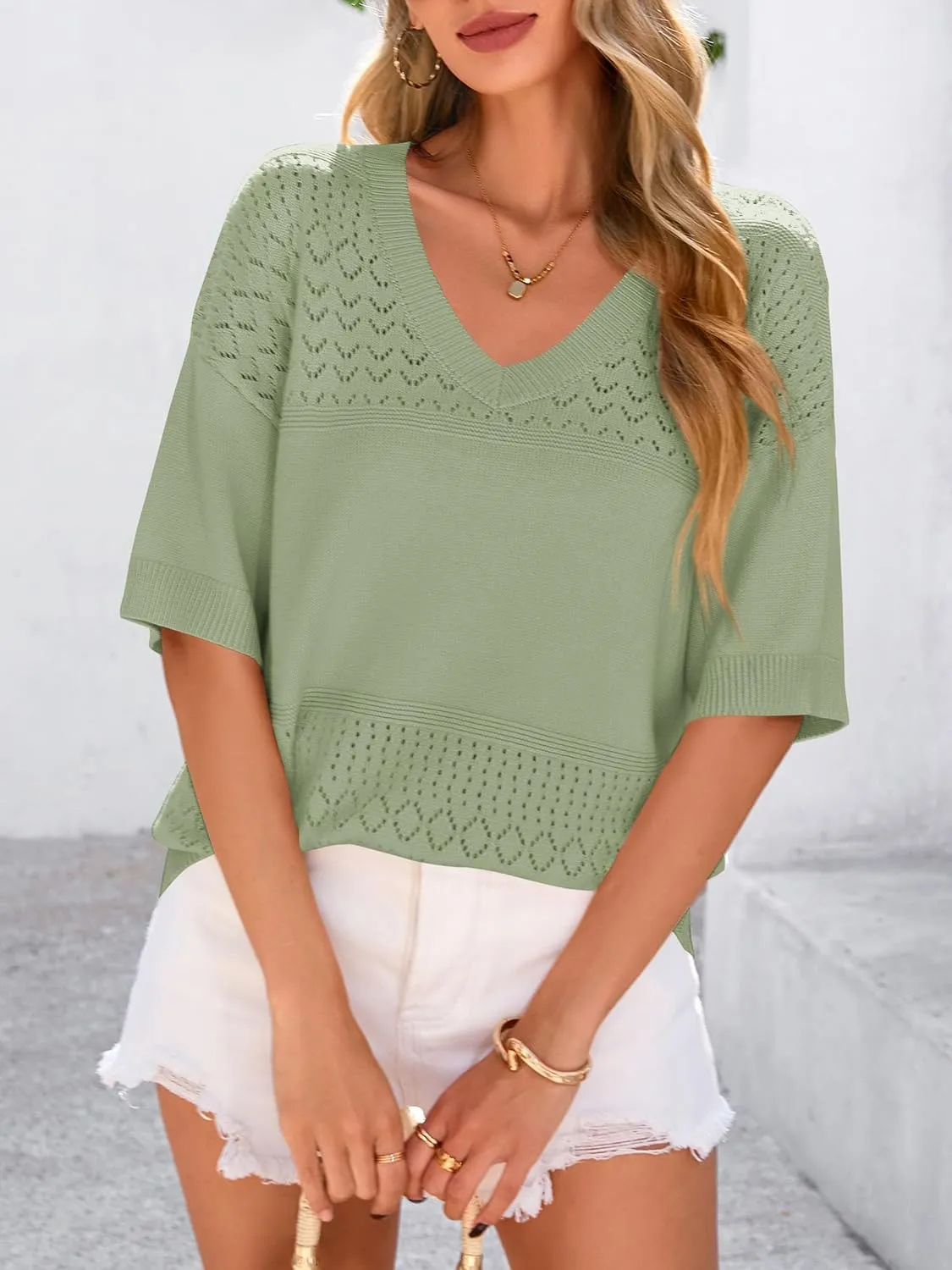 PRETTYGARDEN Women's Short Sleeve Sweater Tops 2025 Spring Summer Casual V Neck Ribbed Knit Trendy Eyelet Blouse T Shirts