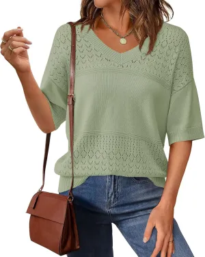 PRETTYGARDEN Women's Short Sleeve Sweater Tops 2025 Spring Summer Casual V Neck Ribbed Knit Trendy Eyelet Blouse T Shirts