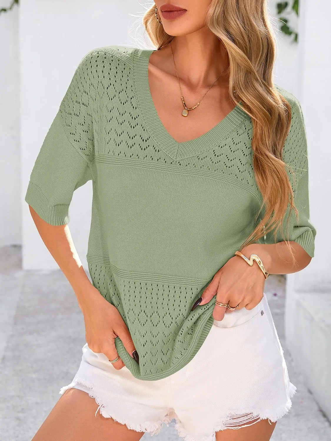 PRETTYGARDEN Women's Short Sleeve Sweater Tops 2025 Spring Summer Casual V Neck Ribbed Knit Trendy Eyelet Blouse T Shirts