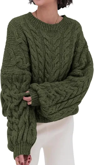 PRETTYGARDEN Womens Sweaters Spring 2025 Cable Knit Long Sleeve Crewneck Oversized Sweater Chunky Pullover Loose Outfits