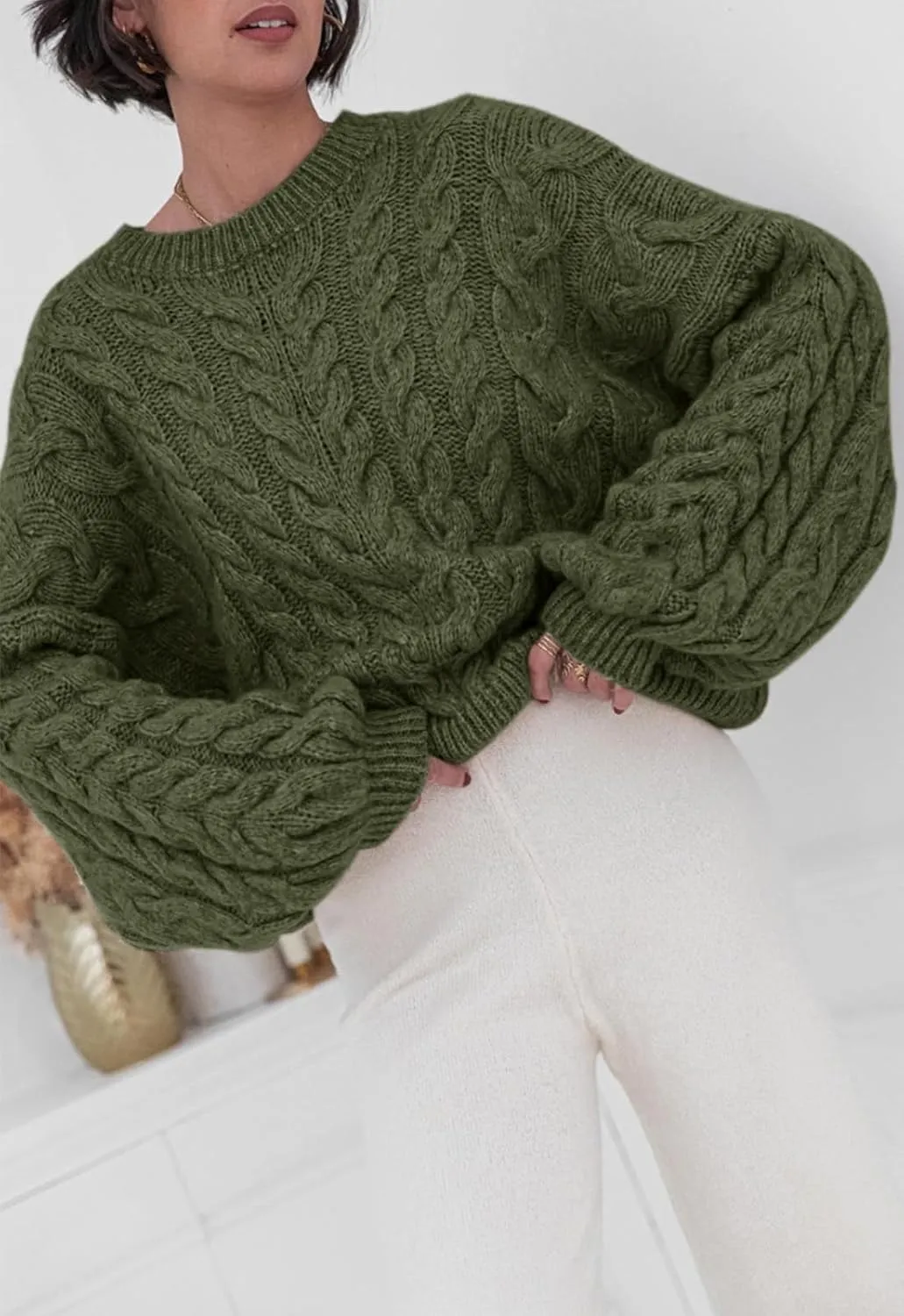 PRETTYGARDEN Womens Sweaters Spring 2025 Cable Knit Long Sleeve Crewneck Oversized Sweater Chunky Pullover Loose Outfits