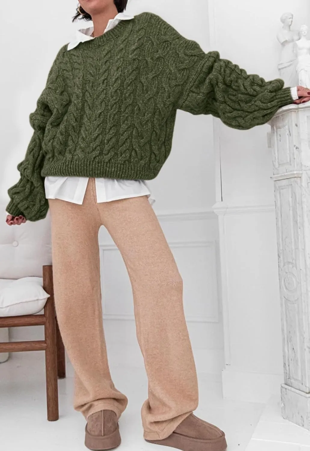 PRETTYGARDEN Womens Sweaters Spring 2025 Cable Knit Long Sleeve Crewneck Oversized Sweater Chunky Pullover Loose Outfits
