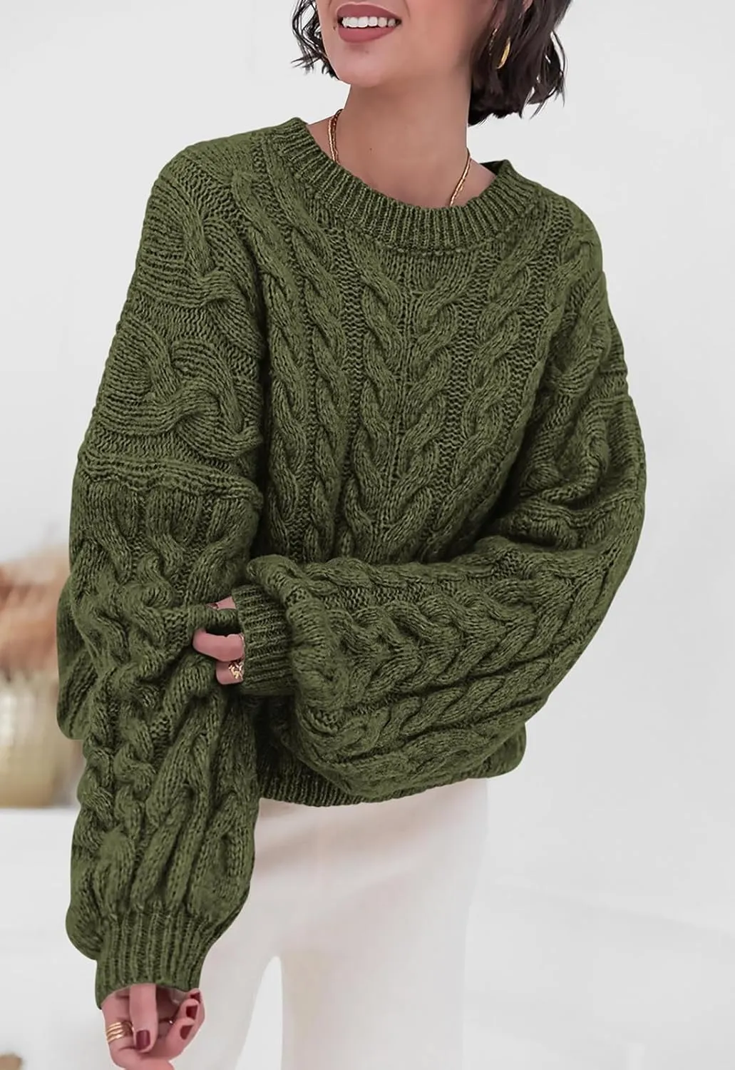 PRETTYGARDEN Womens Sweaters Spring 2025 Cable Knit Long Sleeve Crewneck Oversized Sweater Chunky Pullover Loose Outfits