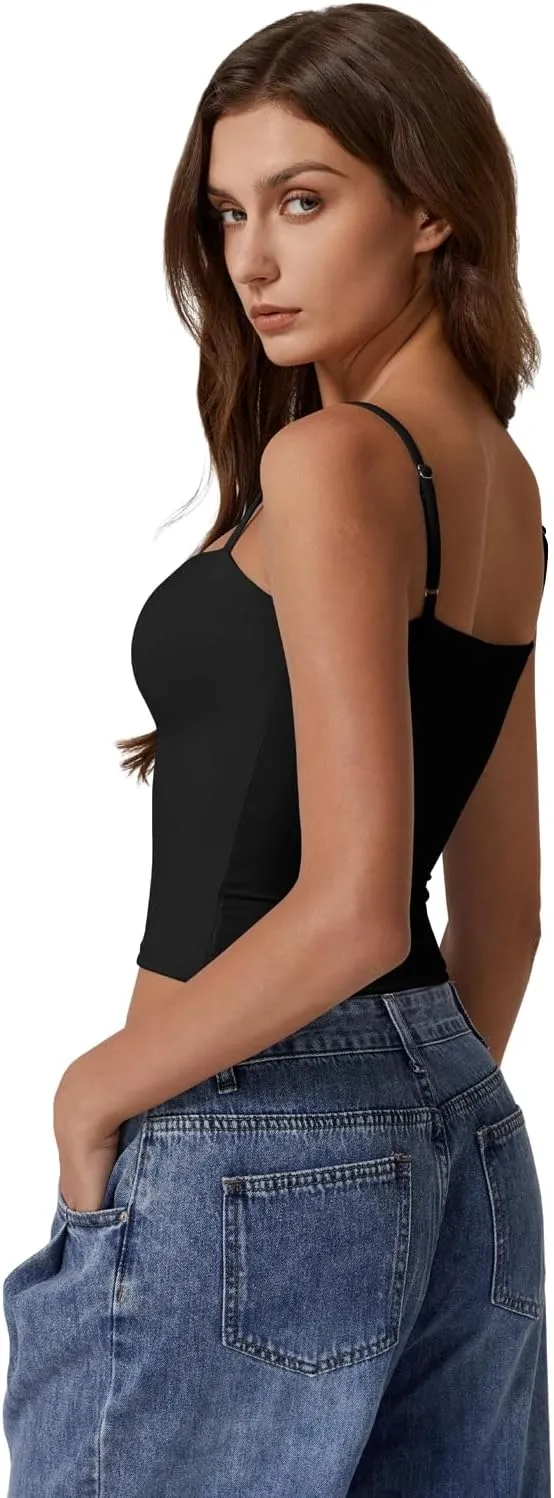 QINSEN Women's Double Lined Basic Tank Top Adjustable Spaghetti Straps Sleeveless Camisole Shirts