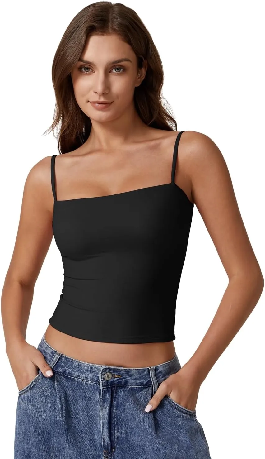 QINSEN Women's Double Lined Basic Tank Top Adjustable Spaghetti Straps Sleeveless Camisole Shirts