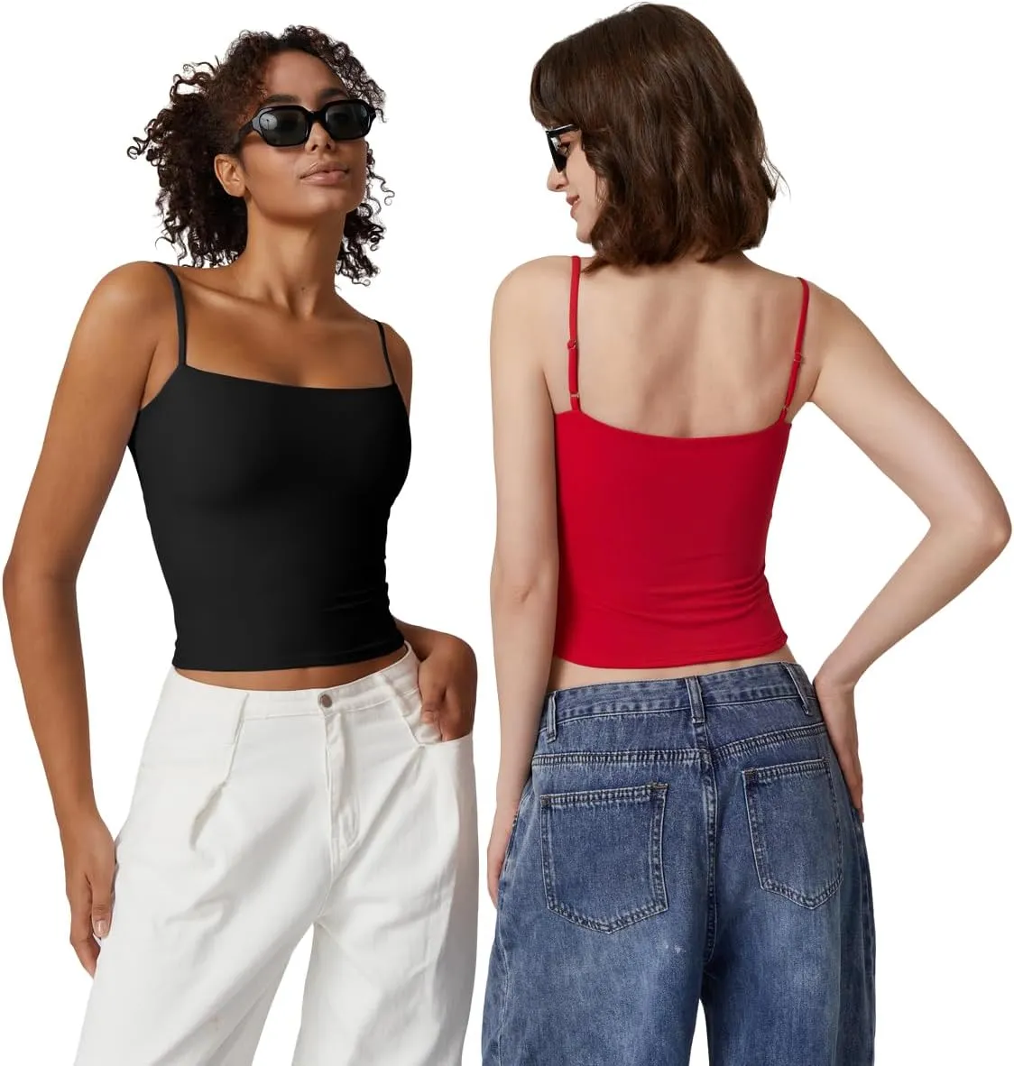 QINSEN Women's Double Lined Basic Tank Top Adjustable Spaghetti Straps Sleeveless Camisole Shirts